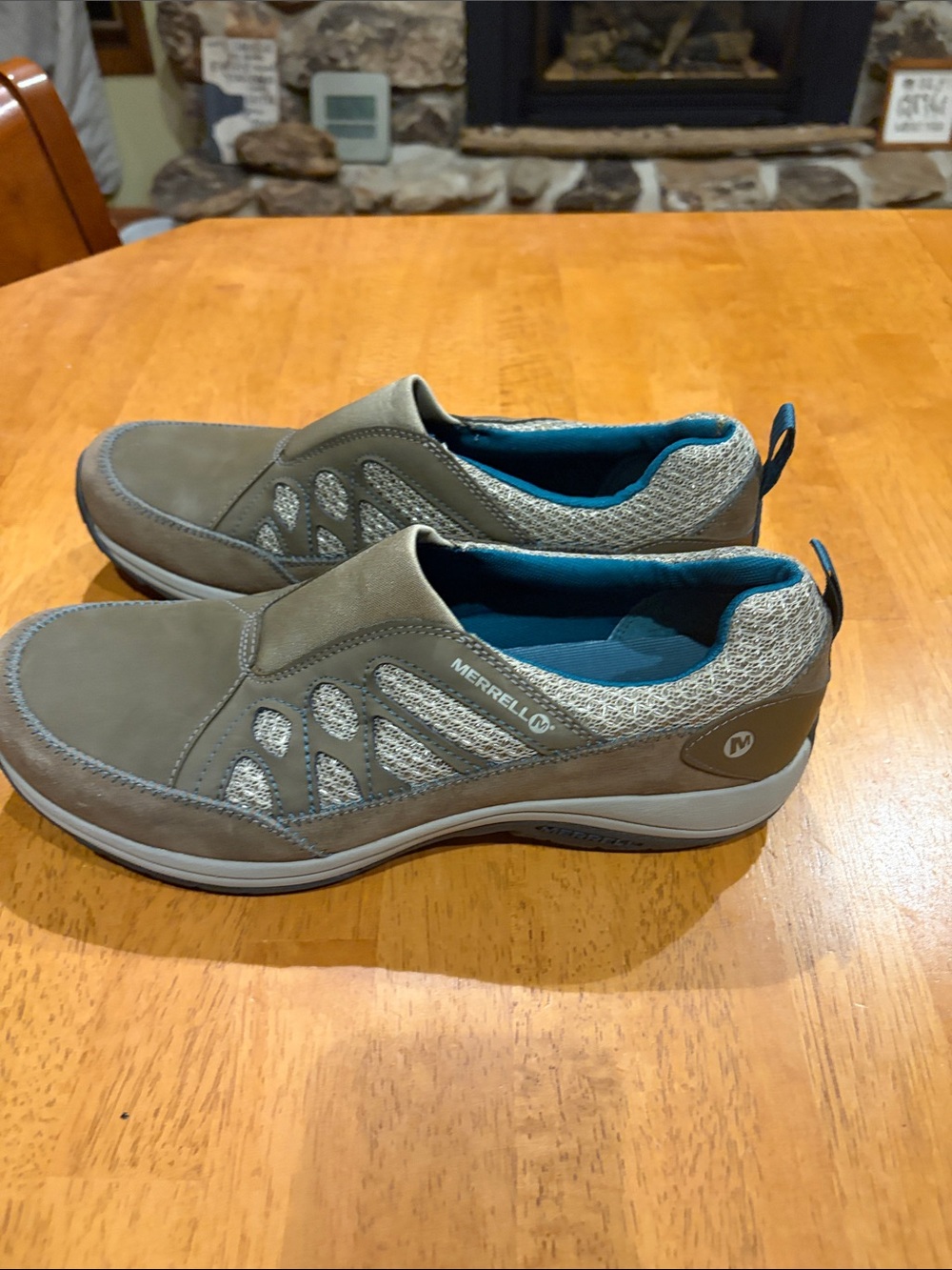 Merell Women's Andean Moc Slip-On Shoes in Tan with Teal Lining